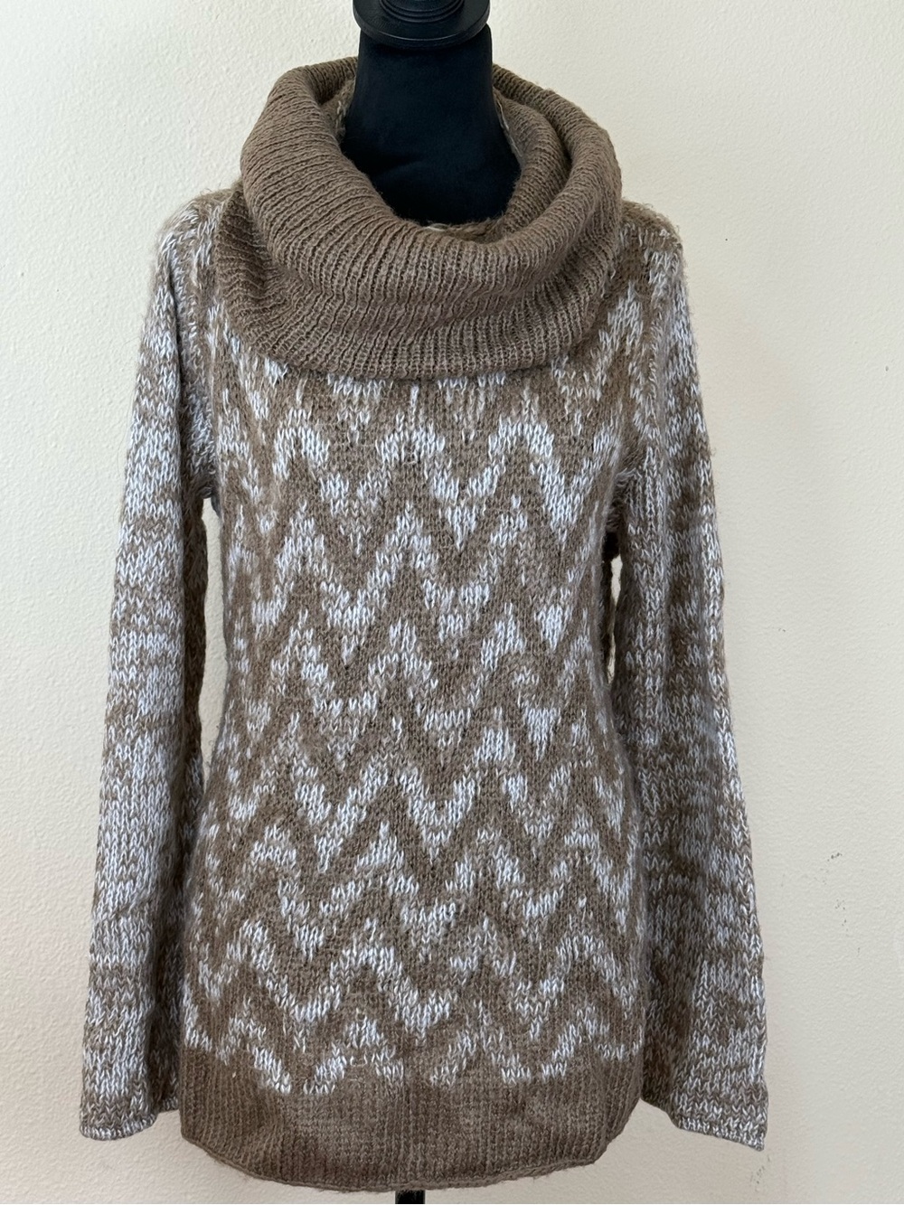 Anthropologie Mohair Wool Sweater M L Brown Cowl Neck Chevron Knit Wooden Ships